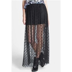 ASTR Polka Dot Mesh Sheer Maxi Skirt L Black Whimsigoth Festival Boho Mod Edgy